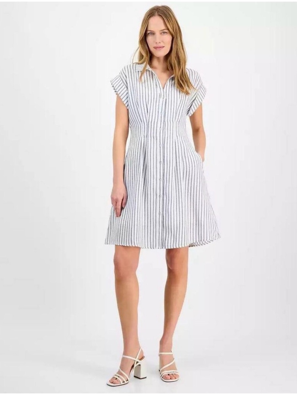 julia jordan Striped Collared Neck Mini Shirt-Dress- Ivory/Navy